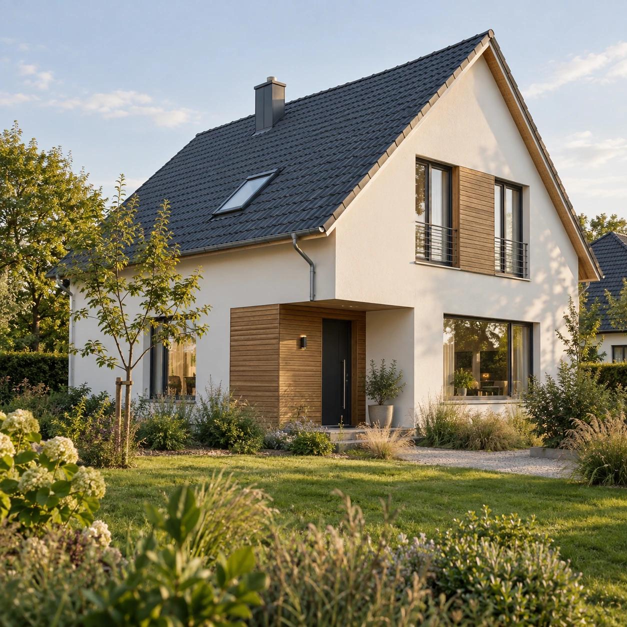 Einfamilienhaus mit Satteldach, großen Fenstern und natürlich angelegtem Garten